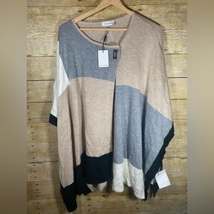 Calvin Klein Knit Sweater Poncho Wrap Colorblock Clasp Tan Gray Black One Size
